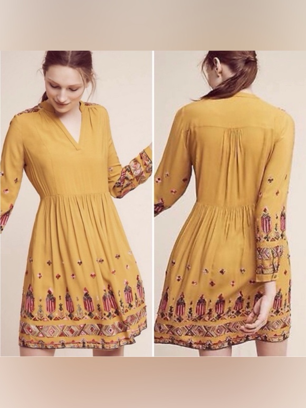 Anthropologie Floreat‎ Raella Embroidered Gold Boho Dress L